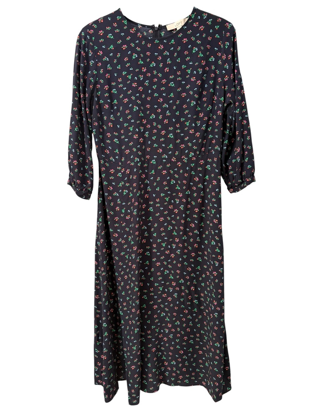 NWT LOFT Navy Micro Floral 3/4-Sleeve Midi Dress 6